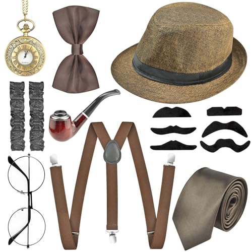 20er Jahre Kostüm Herren Accessoires, Halloween Mafia Kostüm Set, mit Verstellbar Hosenträger, Taschenuhr,Fliege, Schnurrbart, Handgelenkband, Krawatten, Pipe, Hut und Brille, für Halloween (Braun) von CHICHI:OÜ