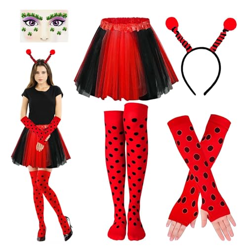 4 Stück Karneval Kostüm Damen Marienkäfer - Marienkäfer Kostüm Zubehör, Marienkäfer Haarreif, Brille, Rock - Kostüm Erwachsene mit Gesichtsaufkleber für Karneval Cosplay, Fasching, Mottoparty 4 Stück Karneval Kostüm Damen Marienkäfer - Marienkäfer Kostüm Zubehör, Marienkäfer Haarreif, Brille, Rock - Kostüm Erwachsene mit Gesichtsaufkleber für Karneval Cosplay, Fasching, Mottoparty von CHICHI:OÜ