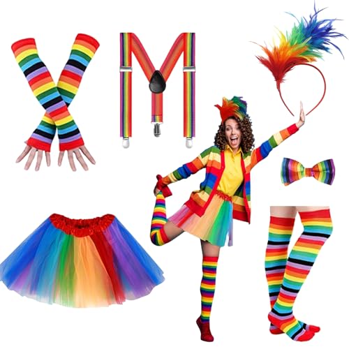 6 Stück Kostüm Damen Regenbogen - Regenbogen Tüllrock mit Feder Haarreif Stirnband Riemen Kniestrümpfe Beinwärmern Handschuhen - Kostüm Bunt Damen Karneval - Tüllrock Damen Regenbogen Lustig 6 Stück Kostüm Damen Regenbogen - Regenbogen Tüllrock mit Feder Haarreif Stirnband Riemen Kniestrümpfe Beinwärmern Handschuhen - Kostüm Bunt Damen Karneval - Tüllrock Damen Regenbogen Lustig von CHICHI:OÜ