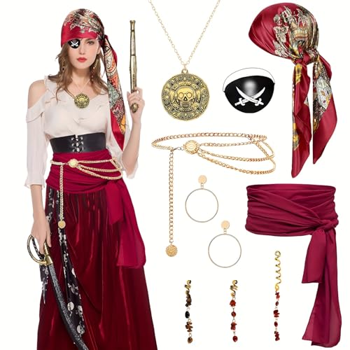 9 Stück Seeräuber Kostüm Damen - Piratin Accessories Damen Piraten Kopftuch Schärpe Stirnband - Karneval Piraten-Kostüm Women Pirate Costume - Piraten Accessoires Women für Dein Piraten Kostüm Frauen von CHICHI:OÜ