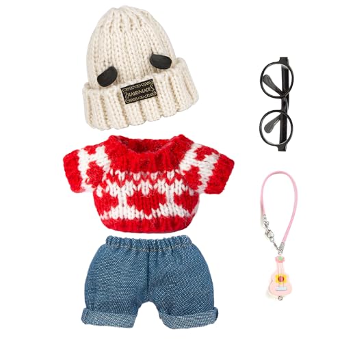17 cm Puppenkleidung 5 Stück - Kawaii Chic Stil Set für 17 cm Puppen, süßes Puppen-Outfit mit Zubehör, grauer Bärenohren-Hut + roter Pullover + blaue Jeans + Brille + kleine Gitarre (KEINE Puppe) von CHICHO