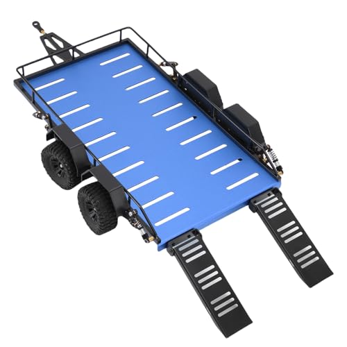 CHICIRIS RC-Anhänger-Kit mit 4 Rädern aus Aluminiumlegierung für Ferngesteuerten Pritschenanhänger, Hochsimulierter RC-Metallanhänger mit Haken, für Unwegsames Gelände Konzipiert, Stabile (Blue) von CHICIRIS