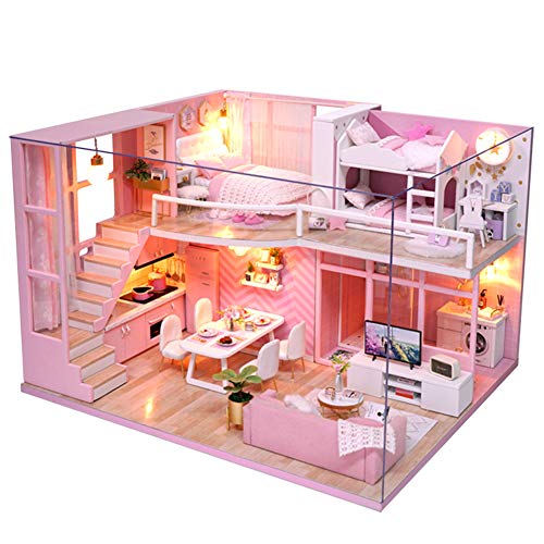 DIY Haus Modell Spielzeug, DIY handgemachte Miniatur rosa Mädchen Holz Loft Puppenhaus Modellbausätze Spielzeug Geschenk von Keenso