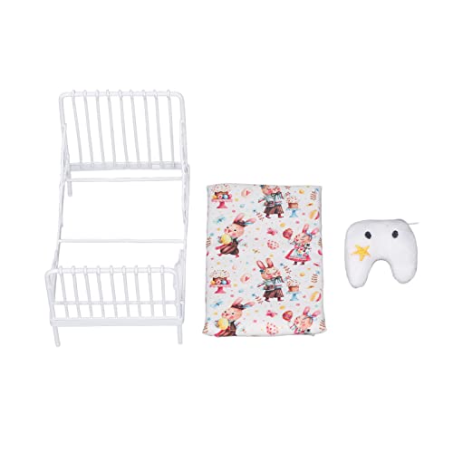 Puppenhaus Bett, Puppenhaus Möbel im Maßstab 1:12 Mini Bett-Set Dekokissen Metall Rahmen Minibett Weiß (Hase Muster) von CHICIRIS