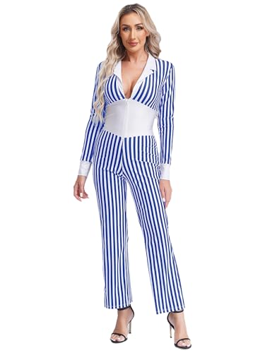 CHICTRY 20er Jahre Gangster Kostüm Damen Mafia Outfit Langarm Streifen Overall Tief V-Ausschnitt Jumpsuit Für Fasching Karneva Mottoparty Blau XXL CHICTRY 20er Jahre Gangster Kostüm Damen Mafia Outfit Langarm Streifen Overall Tief V-Ausschnitt Jumpsuit Für Fasching Karneva Mottoparty Blau XXL von CHICTRY