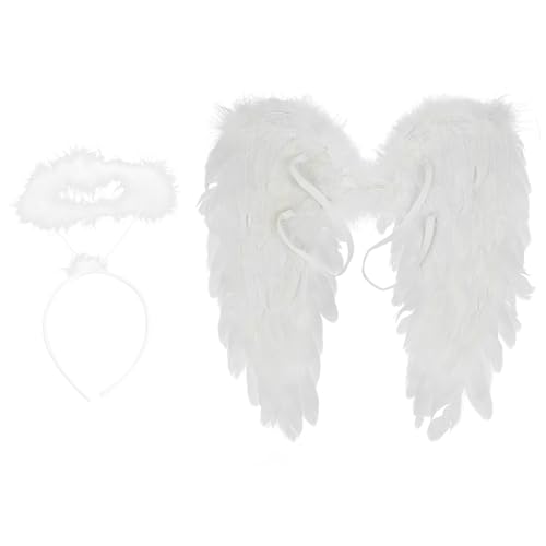 CHICTRY Engels Flügel mit Heiligenschein Set Federflügel Weihnachten Christkind Engelsflügel Kinder Erwachsene Fasching Karneval Mottoparty Type B Weiß One Size von CHICTRY