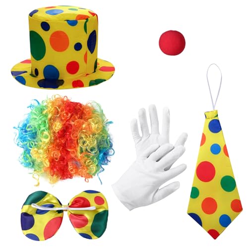 CHICTRY 5/6 Stück Clown Set Clown Lockenperücke Schwamm Nase Fliege Clown Hut Krawatte Handschuhe für Halloween Karneval Fasching Party Cosplay 6 Stück One Size von CHICTRY