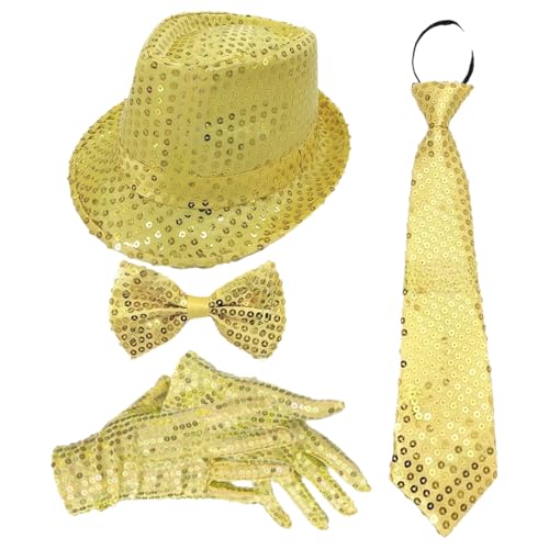 CHICTRY 70er Jahre Disco Accessoires Funkelnde Pailletten Jazz Dance Hut Und Krawatten Handschuhe Für Karneval Mardi Gras Party Typ B Gold 4 Stück Einheitsgröße CHICTRY 70er Jahre Disco Accessoires Funkelnde Pailletten Jazz Dance Hut Und Krawatten Handschuhe Für Karneval Mardi Gras Party Typ B Gold 4 Stück Einheitsgröße von CHICTRY
