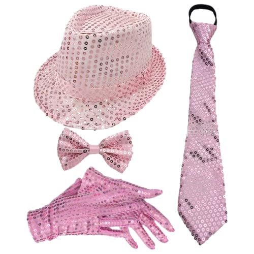 CHICTRY 70er Jahre Disco Accessoires Funkelnde Pailletten Jazz Dance Hut Und Krawatten Handschuhe Für Karneval Mardi Gras Party Typ B Rosa 4 Stück Einheitsgröße von CHICTRY