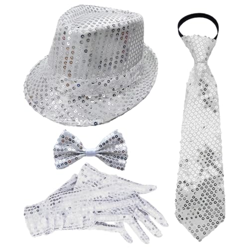 CHICTRY 70er Jahre Disco Accessoires Funkelnde Pailletten Jazz Dance Hut Und Krawatten Handschuhe Für Karneval Mardi Gras Party Typ B Silber 4 Stück Einheitsgröße CHICTRY 70er Jahre Disco Accessoires Funkelnde Pailletten Jazz Dance Hut Und Krawatten Handschuhe Für Karneval Mardi Gras Party Typ B Silber 4 Stück Einheitsgröße von CHICTRY