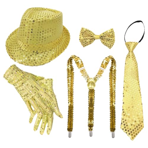 CHICTRY 70er Jahre Disco Accessoires Funkelnde Pailletten Jazz Dance Hut Und Krawatten Handschuhe Für Karneval Mardi Gras Party Typ C Gold 5 Stück Einheitsgröße CHICTRY 70er Jahre Disco Accessoires Funkelnde Pailletten Jazz Dance Hut Und Krawatten Handschuhe Für Karneval Mardi Gras Party Typ C Gold 5 Stück Einheitsgröße von CHICTRY