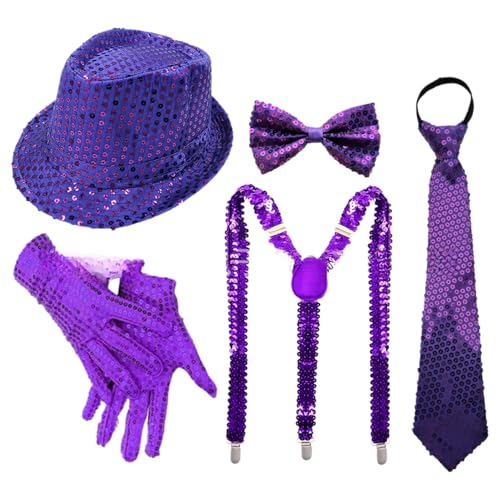 CHICTRY 70er Jahre Disco Accessoires Funkelnde Pailletten Jazz Dance Hut Und Krawatten Handschuhe Für Karneval Mardi Gras Party Typ C Lila 5 Stück Einheitsgröße von CHICTRY