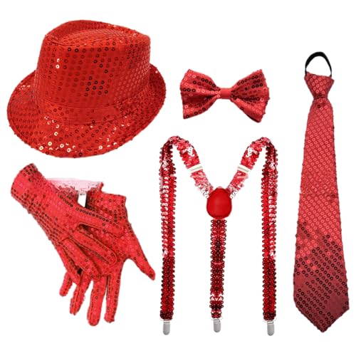 CHICTRY 70er Jahre Disco Accessoires Funkelnde Pailletten Jazz Dance Hut Und Krawatten Handschuhe Für Karneval Mardi Gras Party Typ C Rot 5 Stück Einheitsgröße CHICTRY 70er Jahre Disco Accessoires Funkelnde Pailletten Jazz Dance Hut Und Krawatten Handschuhe Für Karneval Mardi Gras Party Typ C Rot 5 Stück Einheitsgröße von CHICTRY