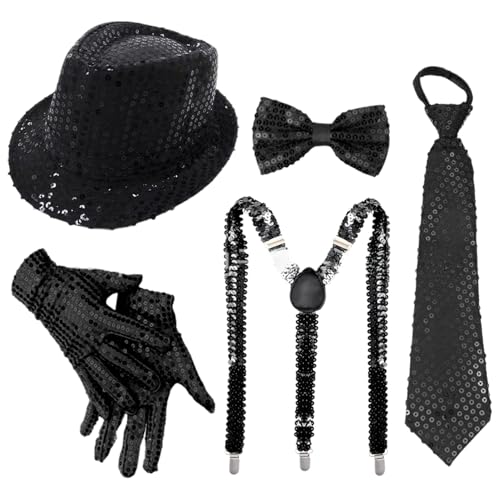 CHICTRY 70er Jahre Disco Accessoires Funkelnde Pailletten Jazz Dance Hut Und Krawatten Handschuhe Für Karneval Mardi Gras Party Typ C Schwarz 5 Stück Einheitsgröße von CHICTRY