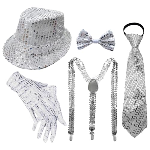 CHICTRY 70er Jahre Disco Accessoires Funkelnde Pailletten Jazz Dance Hut Und Krawatten Handschuhe Für Karneval Mardi Gras Party Typ C Silber 5 Stück Einheitsgröße CHICTRY 70er Jahre Disco Accessoires Funkelnde Pailletten Jazz Dance Hut Und Krawatten Handschuhe Für Karneval Mardi Gras Party Typ C Silber 5 Stück Einheitsgröße von CHICTRY