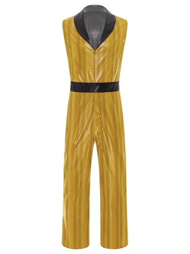CHICTRY 70er Jahre Disco Outfit Herren Glitzer Pailletten Overall Ärmellos Jumpsuit V-Ausschnitt Hemd Hosenanzug Für Party Festival Gold 3XL CHICTRY 70er Jahre Disco Outfit Herren Glitzer Pailletten Overall Ärmellos Jumpsuit V-Ausschnitt Hemd Hosenanzug Für Party Festival Gold 3XL von CHICTRY