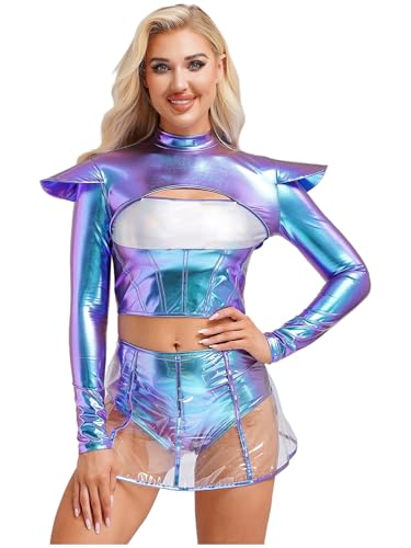 CHICTRY Alien Kostüm Damen Langarm Holographic Oberteil Bauchfrei Cut Out Shirt High Waist Shorts Unterhose Mit Transparent Rock Cosplay Outfit Bunt XXL CHICTRY Alien Kostüm Damen Langarm Holographic Oberteil Bauchfrei Cut Out Shirt High Waist Shorts Unterhose Mit Transparent Rock Cosplay Outfit Bunt XXL von CHICTRY