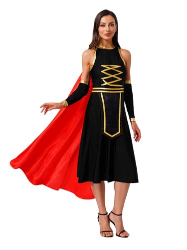 CHICTRY Antike Römische Kriegerin Kostüm Für Damen Mit Ärmeln Und Umhang Für Renaissance Mittelalter Schwarz XL von CHICTRY