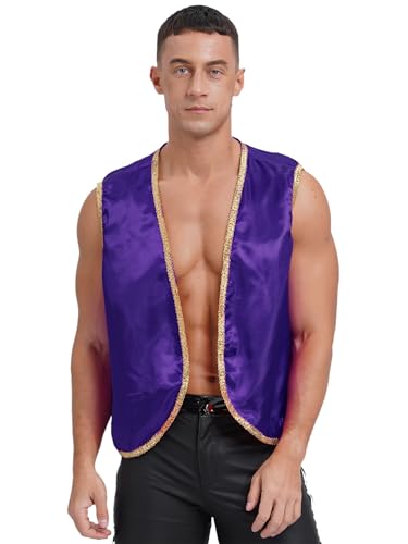CHICTRY Arabische Weste Herren Halloween Prinz Kostüm Satin Glatt Weste Ärmellos Gilet Jacke Mit Gold Besatz Mittelalter Steampunk Cosplay Verkleidung Dunkelviolett 4XL CHICTRY Arabische Weste Herren Halloween Prinz Kostüm Satin Glatt Weste Ärmellos Gilet Jacke Mit Gold Besatz Mittelalter Steampunk Cosplay Verkleidung Dunkelviolett 4XL von CHICTRY