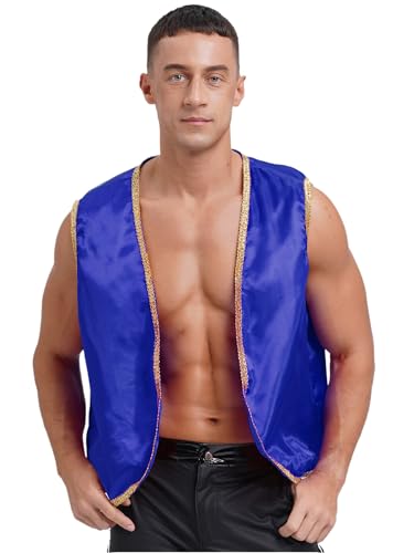 CHICTRY Arabische Weste Herren Halloween Prinz Kostüm Satin Glatt Weste Ärmellos Gilet Jacke Mit Gold Besatz Mittelalter Steampunk Cosplay Verkleidung Königsblau L von CHICTRY