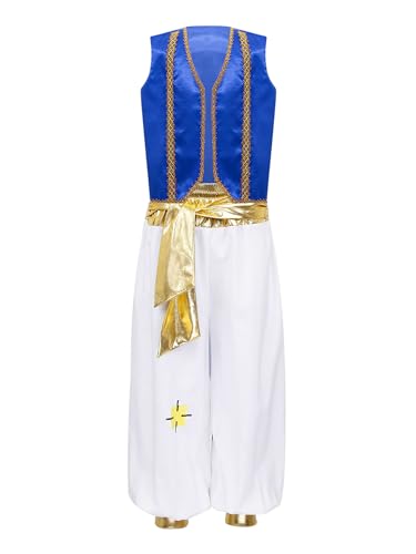 CHICTRY Arabischer Prinz Kostüm Kinder Ärmellos Weste Satin Anzugweste Mit Orientalische Haremshose Metallic Bund Leggings Für Halloween Verkleidung Königsblau 146-152 von CHICTRY