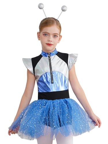 CHICTRY Astronaut Kostüm Mädchen Kinder Metallic Ballettkleid Stehkragen Tanzkleid Mit Tüllrock Alien Stirnband Space Girl Outfit Für Halloween Karneval Blau 110-116 CHICTRY Astronaut Kostüm Mädchen Kinder Metallic Ballettkleid Stehkragen Tanzkleid Mit Tüllrock Alien Stirnband Space Girl Outfit Für Halloween Karneval Blau 110-116 von CHICTRY