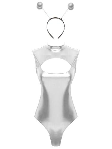 CHICTRY Astronauten Body Damen Alien Kostüm Holographic Bodysuit Ärmellos Catsuit Cut Out Leotard Mit Alien Stirnband Festival Rave Outfit Silber XL CHICTRY Astronauten Body Damen Alien Kostüm Holographic Bodysuit Ärmellos Catsuit Cut Out Leotard Mit Alien Stirnband Festival Rave Outfit Silber XL von CHICTRY
