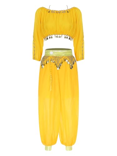 CHICTRY Bauchtanz Kostüm Damen Oberteil Lanagrm Pailletten Tanz Top Metallkette Tanzhose Locker Haremshose Tanzbekleidung Set Gelb Einheitsgröße von CHICTRY