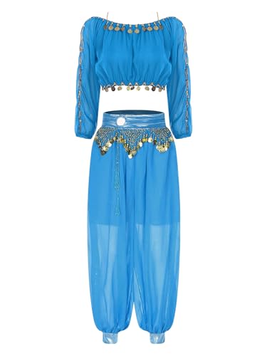 CHICTRY Bauchtanz Kostüm Damen Oberteil Lanagrm Pailletten Tanz Top Metallkette Tanzhose Locker Haremshose Tanzbekleidung Set Hellblau Einheitsgröße von CHICTRY