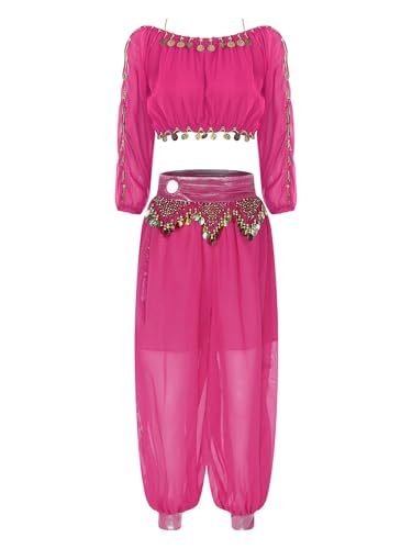 CHICTRY Bauchtanz Kostüm Damen Oberteil Lanagrm Pailletten Tanz Top Metallkette Tanzhose Locker Haremshose Tanzbekleidung Set Hot Pink Einheitsgröße von CHICTRY