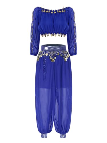 CHICTRY Bauchtanz Kostüm Damen Oberteil Lanagrm Pailletten Tanz Top Metallkette Tanzhose Locker Haremshose Tanzbekleidung Set Königsblau Einheitsgröße von CHICTRY
