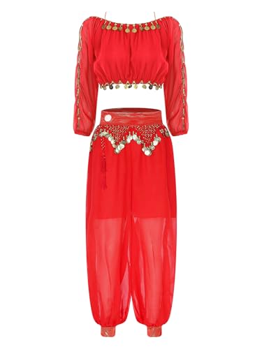 CHICTRY Bauchtanz Kostüm Damen Oberteil Lanagrm Pailletten Tanz Top Metallkette Tanzhose Locker Haremshose Tanzbekleidung Set Rot Einheitsgröße von CHICTRY