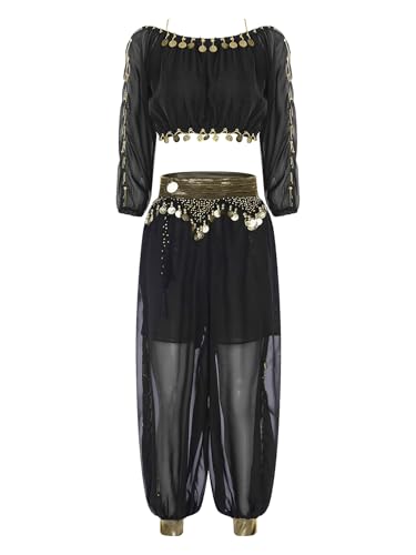 CHICTRY Bauchtanz Kostüm Damen Oberteil Lanagrm Pailletten Tanz Top Metallkette Tanzhose Locker Haremshose Tanzbekleidung Set Schwarz Einheitsgröße von CHICTRY