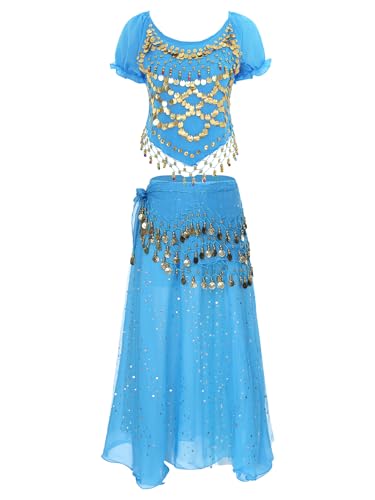 CHICTRY Bauchtanz Kostüm Damen Pailletten Tanz Shirt + Chiffon Maxirock + Münzen Hüfttuch 3tlg Belly Dance Outfit Faschingskostüm Himmelblau Einheitsgröße CHICTRY Bauchtanz Kostüm Damen Pailletten Tanz Shirt + Chiffon Maxirock + Münzen Hüfttuch 3tlg Belly Dance Outfit Faschingskostüm Himmelblau Einheitsgröße von CHICTRY
