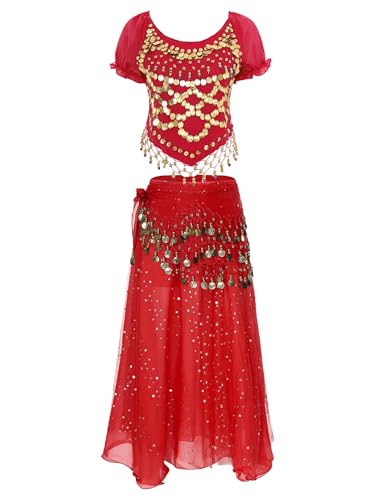 CHICTRY Bauchtanz Kostüm Damen Pailletten Tanz Shirt + Chiffon Maxirock + Münzen Hüfttuch 3tlg Belly Dance Outfit Faschingskostüm Rot Einheitsgröße CHICTRY Bauchtanz Kostüm Damen Pailletten Tanz Shirt + Chiffon Maxirock + Münzen Hüfttuch 3tlg Belly Dance Outfit Faschingskostüm Rot Einheitsgröße von CHICTRY
