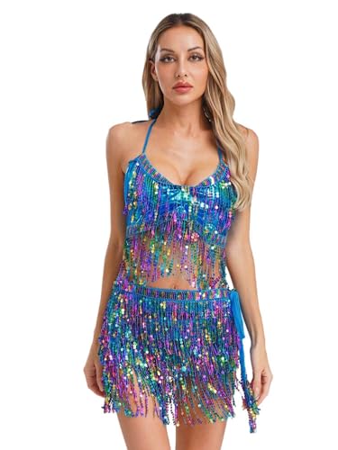 CHICTRY Bauchtanz Kostüm Damen Tanzkleidung Set Pailletten BH Oberteil Fransen Quasten Hüfttuch Tanzrock Zum Binden Seite Tanzkostüm Blau Einheitsgröße CHICTRY Bauchtanz Kostüm Damen Tanzkleidung Set Pailletten BH Oberteil Fransen Quasten Hüfttuch Tanzrock Zum Binden Seite Tanzkostüm Blau Einheitsgröße von CHICTRY