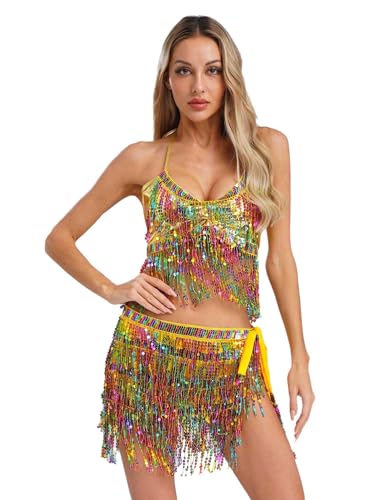 CHICTRY Bauchtanz Kostüm Damen Tanzkleidung Set Pailletten BH Oberteil Fransen Quasten Hüfttuch Tanzrock Zum Binden Seite Tanzkostüm Gold Einheitsgröße CHICTRY Bauchtanz Kostüm Damen Tanzkleidung Set Pailletten BH Oberteil Fransen Quasten Hüfttuch Tanzrock Zum Binden Seite Tanzkostüm Gold Einheitsgröße von CHICTRY