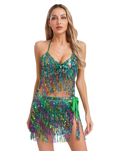 CHICTRY Bauchtanz Kostüm Damen Tanzkleidung Set Pailletten BH Oberteil Fransen Quasten Hüfttuch Tanzrock Zum Binden Seite Tanzkostüm Grün Einheitsgröße CHICTRY Bauchtanz Kostüm Damen Tanzkleidung Set Pailletten BH Oberteil Fransen Quasten Hüfttuch Tanzrock Zum Binden Seite Tanzkostüm Grün Einheitsgröße von CHICTRY