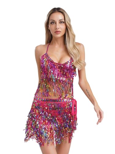 CHICTRY Bauchtanz Kostüm Damen Tanzkleidung Set Pailletten BH Oberteil Fransen Quasten Hüfttuch Tanzrock Zum Binden Seite Tanzkostüm Hot Pink Einheitsgröße CHICTRY Bauchtanz Kostüm Damen Tanzkleidung Set Pailletten BH Oberteil Fransen Quasten Hüfttuch Tanzrock Zum Binden Seite Tanzkostüm Hot Pink Einheitsgröße von CHICTRY