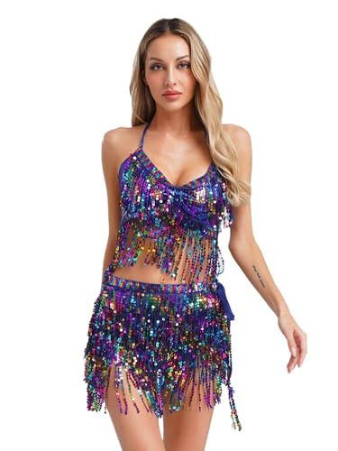 CHICTRY Bauchtanz Kostüm Damen Tanzkleidung Set Pailletten BH Oberteil Fransen Quasten Hüfttuch Tanzrock Zum Binden Seite Tanzkostüm Königsblau Einheitsgröße CHICTRY Bauchtanz Kostüm Damen Tanzkleidung Set Pailletten BH Oberteil Fransen Quasten Hüfttuch Tanzrock Zum Binden Seite Tanzkostüm Königsblau Einheitsgröße von CHICTRY