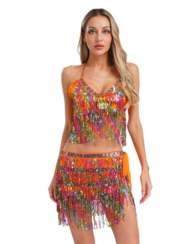 CHICTRY Bauchtanz Kostüm Damen Tanzkleidung Set Pailletten BH Oberteil Fransen Quasten Hüfttuch Tanzrock Zum Binden Seite Tanzkostüm Orange Einheitsgröße CHICTRY Bauchtanz Kostüm Damen Tanzkleidung Set Pailletten BH Oberteil Fransen Quasten Hüfttuch Tanzrock Zum Binden Seite Tanzkostüm Orange Einheitsgröße von CHICTRY