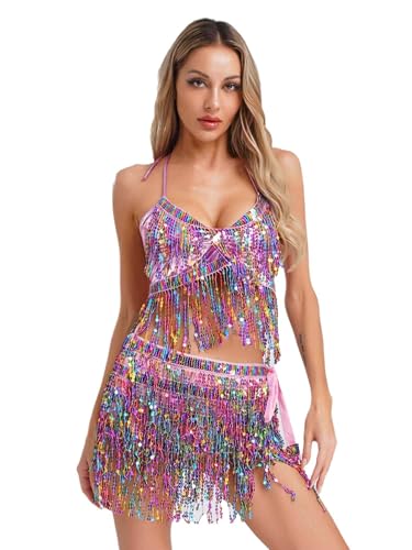 CHICTRY Bauchtanz Kostüm Damen Tanzkleidung Set Pailletten BH Oberteil Fransen Quasten Hüfttuch Tanzrock Zum Binden Seite Tanzkostüm Rosa Einheitsgröße CHICTRY Bauchtanz Kostüm Damen Tanzkleidung Set Pailletten BH Oberteil Fransen Quasten Hüfttuch Tanzrock Zum Binden Seite Tanzkostüm Rosa Einheitsgröße von CHICTRY