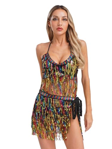 CHICTRY Bauchtanz Kostüm Damen Tanzkleidung Set Pailletten BH Oberteil Fransen Quasten Hüfttuch Tanzrock Zum Binden Seite Tanzkostüm Schwarzes Gold Einheitsgröße CHICTRY Bauchtanz Kostüm Damen Tanzkleidung Set Pailletten BH Oberteil Fransen Quasten Hüfttuch Tanzrock Zum Binden Seite Tanzkostüm Schwarzes Gold Einheitsgröße von CHICTRY