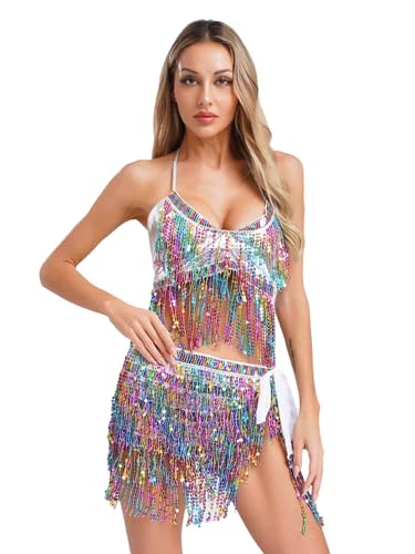 CHICTRY Bauchtanz Kostüm Damen Tanzkleidung Set Pailletten BH Oberteil Fransen Quasten Hüfttuch Tanzrock Zum Binden Seite Tanzkostüm Silber Einheitsgröße CHICTRY Bauchtanz Kostüm Damen Tanzkleidung Set Pailletten BH Oberteil Fransen Quasten Hüfttuch Tanzrock Zum Binden Seite Tanzkostüm Silber Einheitsgröße von CHICTRY