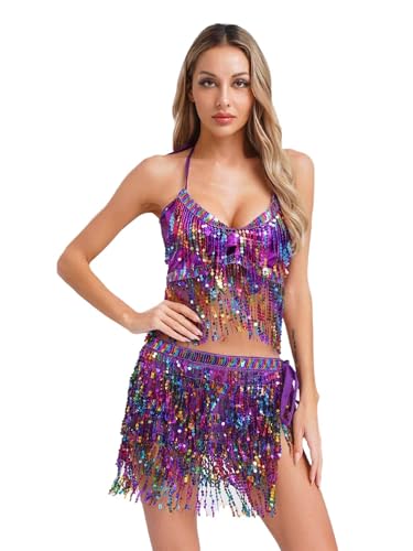 CHICTRY Bauchtanz Kostüm Damen Tanzkleidung Set Pailletten BH Oberteil Fransen Quasten Hüfttuch Tanzrock Zum Binden Seite Tanzkostüm Violett Einheitsgröße CHICTRY Bauchtanz Kostüm Damen Tanzkleidung Set Pailletten BH Oberteil Fransen Quasten Hüfttuch Tanzrock Zum Binden Seite Tanzkostüm Violett Einheitsgröße von CHICTRY