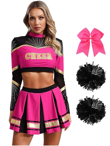 CHICTRY Cheer Leader Kostüm Damen Langarm Bauchfrei Oberteil Mit Faltenrock Schleife Stirnband Pompons Strümpfe 5tlg Cheerleaderin Uniform Set Hot Pink L CHICTRY Cheer Leader Kostüm Damen Langarm Bauchfrei Oberteil Mit Faltenrock Schleife Stirnband Pompons Strümpfe 5tlg Cheerleaderin Uniform Set Hot Pink L von CHICTRY
