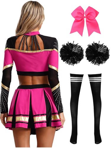CHICTRY Cheer Leader Kostüm Damen Langarm Bauchfrei Oberteil Mit Faltenrock Schleife Stirnband Pompons Strümpfe 5tlg Cheerleaderin Uniform Set Hot Pink & Schwarz XXL CHICTRY Cheer Leader Kostüm Damen Langarm Bauchfrei Oberteil Mit Faltenrock Schleife Stirnband Pompons Strümpfe 5tlg Cheerleaderin Uniform Set Hot Pink & Schwarz XXL von CHICTRY