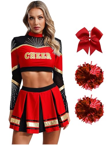CHICTRY Cheer Leader Kostüm Damen Langarm Bauchfrei Oberteil Mit Faltenrock Schleife Stirnband Pompons Strümpfe 5tlg Cheerleaderin Uniform Set Rot XL CHICTRY Cheer Leader Kostüm Damen Langarm Bauchfrei Oberteil Mit Faltenrock Schleife Stirnband Pompons Strümpfe 5tlg Cheerleaderin Uniform Set Rot XL von CHICTRY