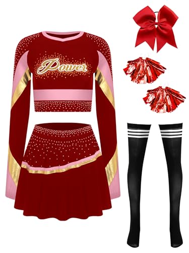 CHICTRY Cheer Leader Kostüm Damen Langarm Tanz Top Bauchfrei Oberteil Mit Faltenrock Schleife Stirnband Pompons Strümpfe Tanzkostüm Burgundy XXL von CHICTRY
