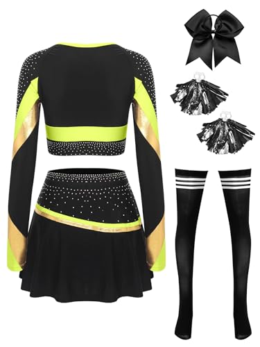 CHICTRY Cheer Leader Kostüm Damen Langarm Tanz Top Bauchfrei Oberteil Mit Faltenrock Schleife Stirnband Pompons Strümpfe Tanzkostüm Fluoreszierendes Gelb L von CHICTRY
